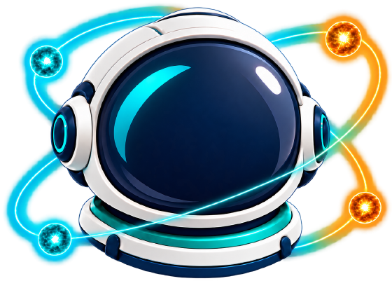 The Timain emblem: an astronaut helmet with teal and amber orbits